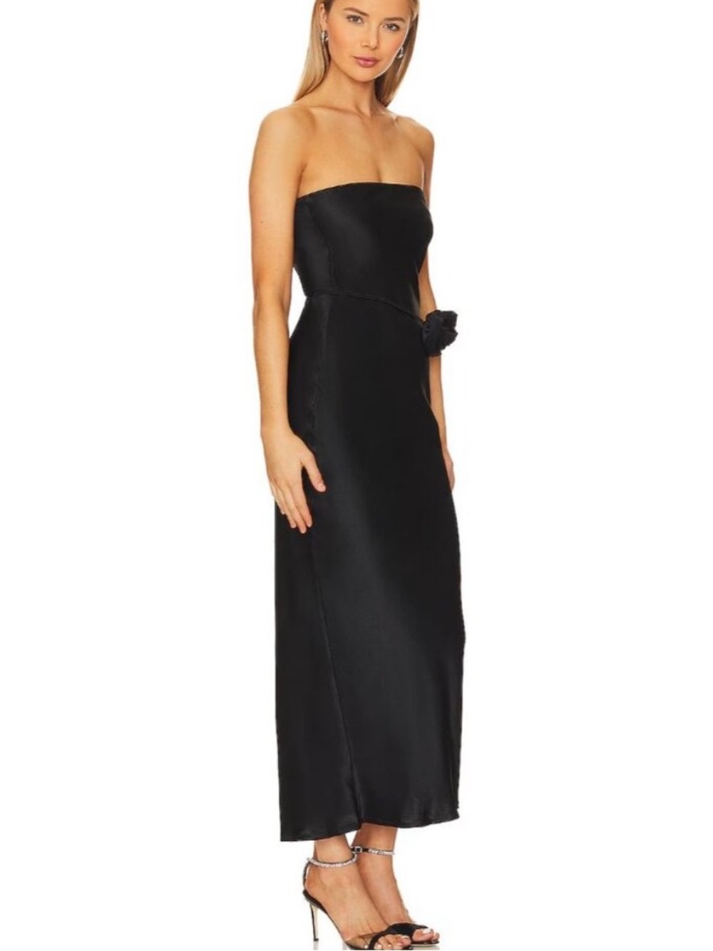 Revolve SNDYS Angel Rosette Black Strapless Silky Maxi Dress with Rose belt Smal - Picture 2 of 7